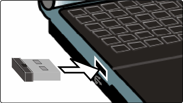 Bluetooth-donglen sættes med knappen opad i en USB-tilslutning på PC en/netbooken, som vist på billedet. Der må ikke anvendes magt!