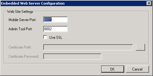 KONFIGURATION AF NSi MOBILE MED CONFIGURATION MANAGER 3. Hvis Server Status (Serverstatus) er "Running" (Kører) skal du klikke på Stop. 4. Vælg Web Server Type (Webservertype).