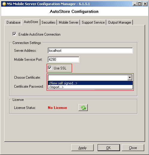 KONFIGURATION AF SSL til NSI MOBILE Figur 43. Konfiguration af AutoStore 3. Marker afkrydsningsfeltet Use SSL (Brug SSL). 4. I dialogboksen Choose Certificate (Vælg certifikat) skal du vælge New self-signed.