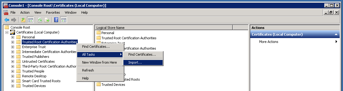 KONFIGURATION AF SSL til NSI MOBILE Figur 66. Afslutning af konfiguration af certifikat-snap-in 7. Udvid Certificates (Certifikater) i konsollens rod. 8.