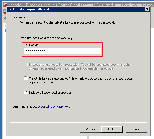 KONFIGURATION AF SSL til NSI MOBILE Figur 68. Valg af certifikat 10. Indtast den adgangskode, der blev brugt til at generere certifikatet på NSi Output Managerserveren. Figur 69.