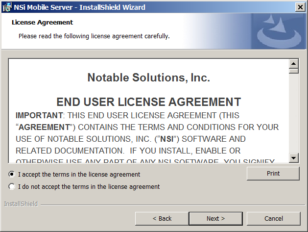 INSTALLATION AF MOBILE SERVER 4. Gennemse licensaftalen på siden License Agreement (Licensaftale).