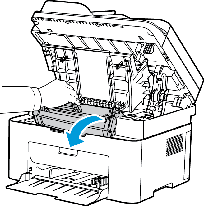 Almindelig pleje 2. Ræk ind, hvor pilen angiver 'åben' til højre og træk op for at frigøre det indvendige låg. Løft derefter panelet midt på maskinen for at se printpatronen. 3.
