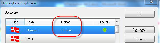 Klik på knappen Oplæser oversigt i ViTal Bjælken og tjek herinde, om der er oprettet en udtalebog på den aktive stemme, her Rasmus.