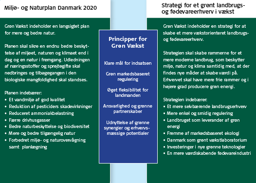 11 Figur 3: Hovedtræk fra regeringens Grøn Vækst udspil (V-K regerings Grøn vækst udspil, april 2009:4) Under miljø- og naturplanen er listet en række indsatsområder, herunder et vandmiljø af god