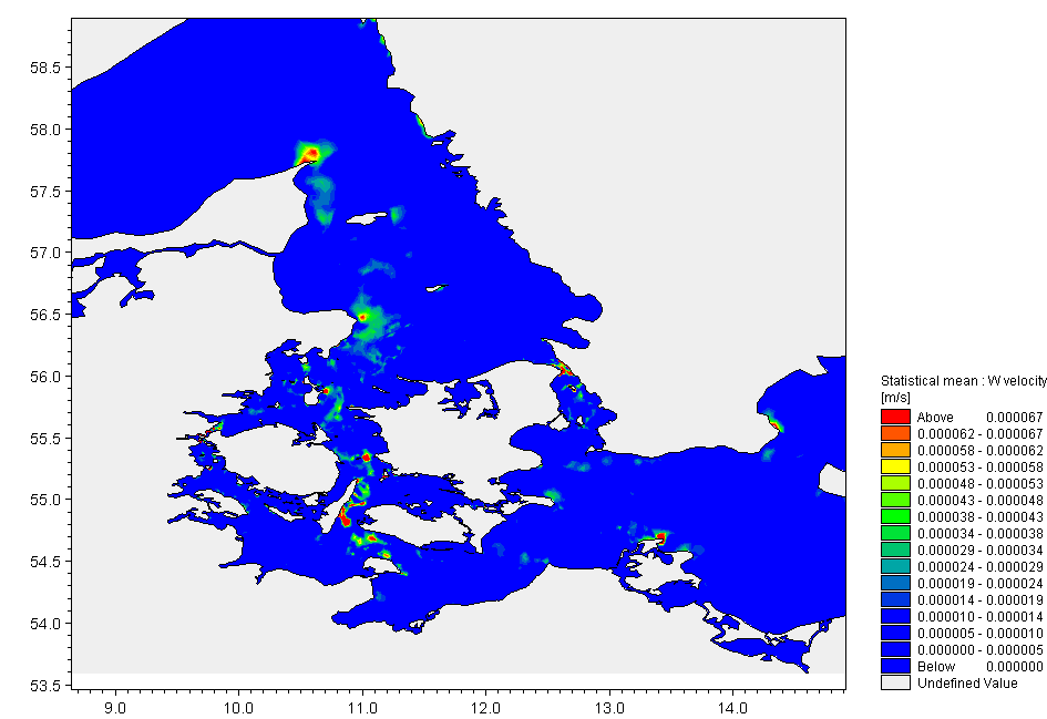 46 Figur 17: Kort over upwelling områder i indre danske farvande. Nederst til højre angives den vertikale opdrift i m/s.