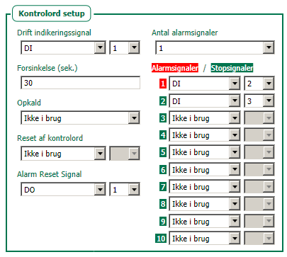 Kontrolord setup Menupunkt Valg Default Beskrivelse Drift indikeringssigna l: Ikke i brug, DI, DO, AI.h.gr. AI.l.gr, IF. Ikke i brug Signal for normal drift af pumpen.