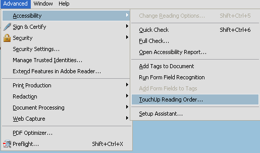 TouchUp Reading Order værktøjet Det mest centrale værktøj i Adobe Acrobat Pro til at arbejde med at sikre tilgængeligheden af dit PDF-dokument er TouchUp Reading Order.