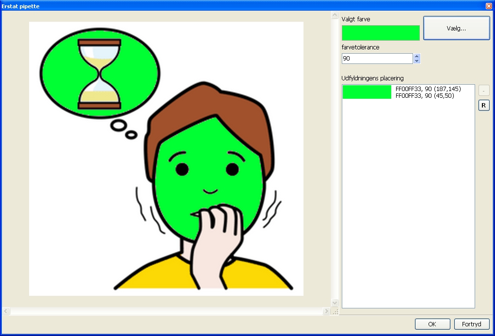 I eksemplet er valgt grøn som farve og derefter er der blot klikket på ansigstfarven og på det hvide i tankeboblen.