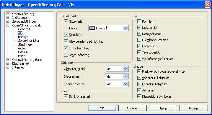 Tilpasning af Calc Menupunktet Funktioner - Indstillinger - LibreOffice Calc
