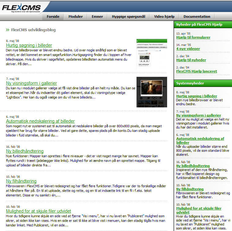 På FlexCMS hjælpeside kan du se de nyeste opdateringer af systemet og finde svar på dine spørgsmål.