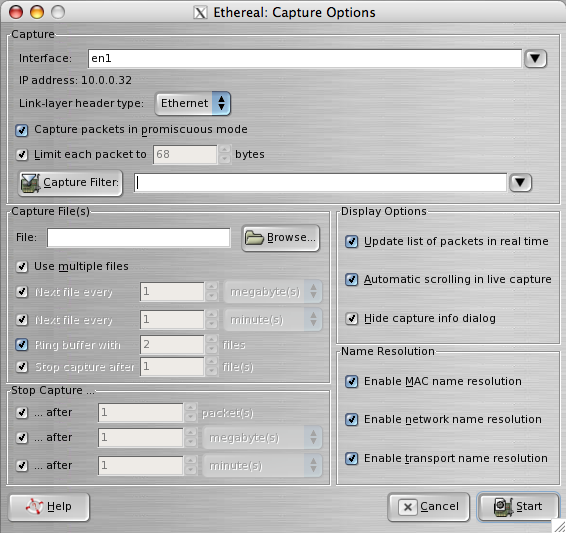 Brug af Wireshark Man starter med Capture - Options c