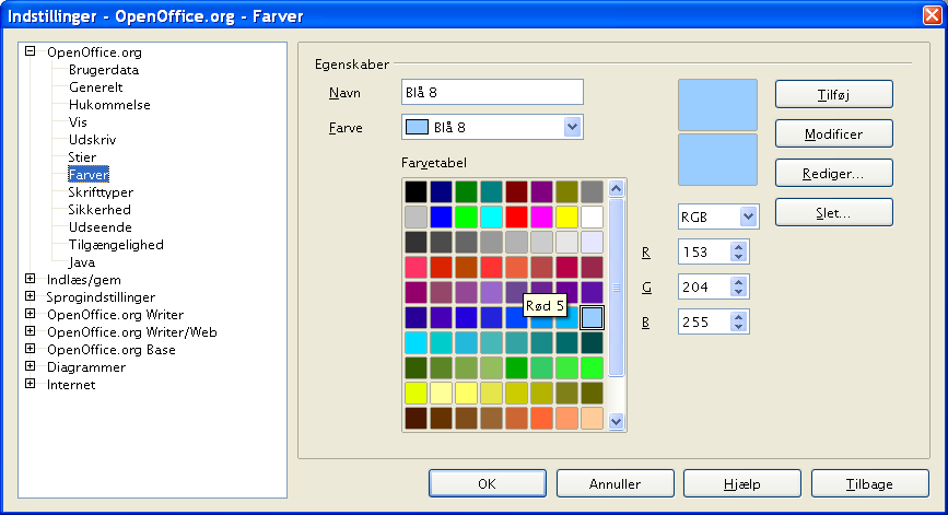 Indstillinger - Farver Generelle indstillinger i OOo I dialogen OpenOffice.org Farver (Figur 8) kan du vælge farver som bruges i dokumenter.