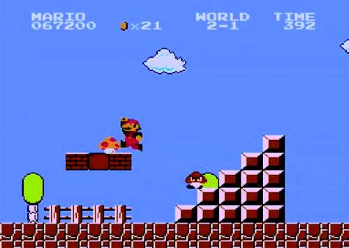 (c) Platformspillet Super Mario Bros. har et meget tegneserie inspireret look og giver derfor en munter stemning... (d).
