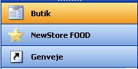 1.3 Menuerne NewStore Food og Butik I navigationsruden til venstre i NewStore Food-vinduet kan du vælge mellem menuerne Butik og NewStore Food. Menuen Genveje kan sættes op af brugeren. Se side 240.