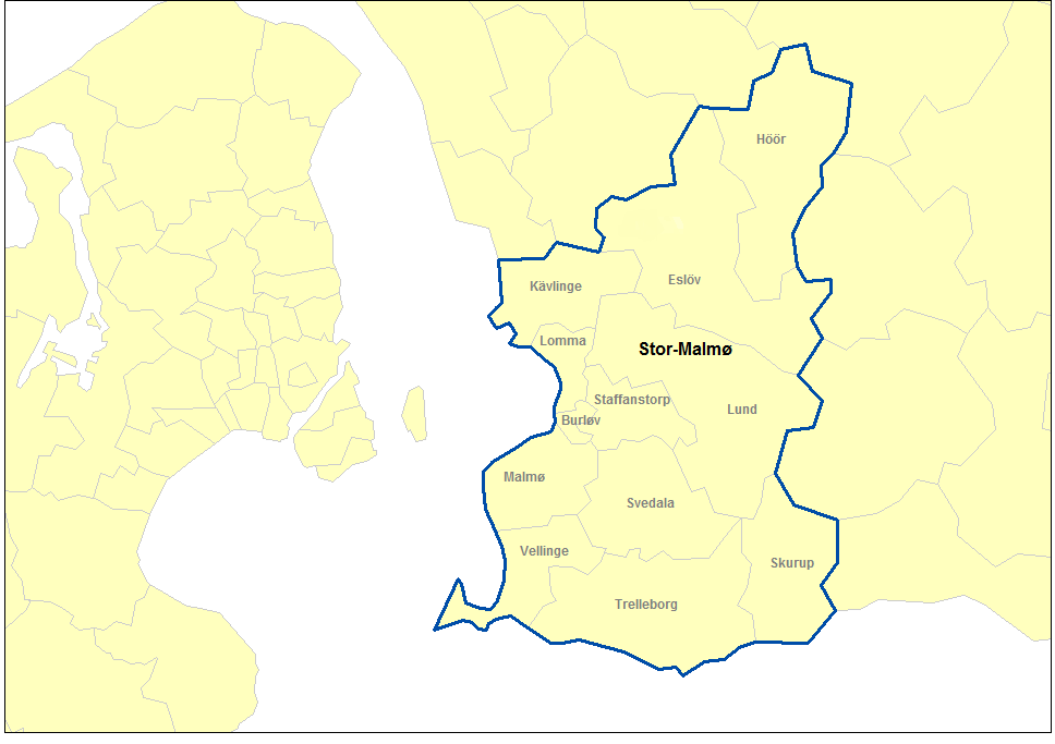 De 12 kommuner der udgør Stor-Malmø Oversigt over de 12 kommuner som udgør Stor-Malmø Storstadsområde Kommune 1296 Stor-Malmø.