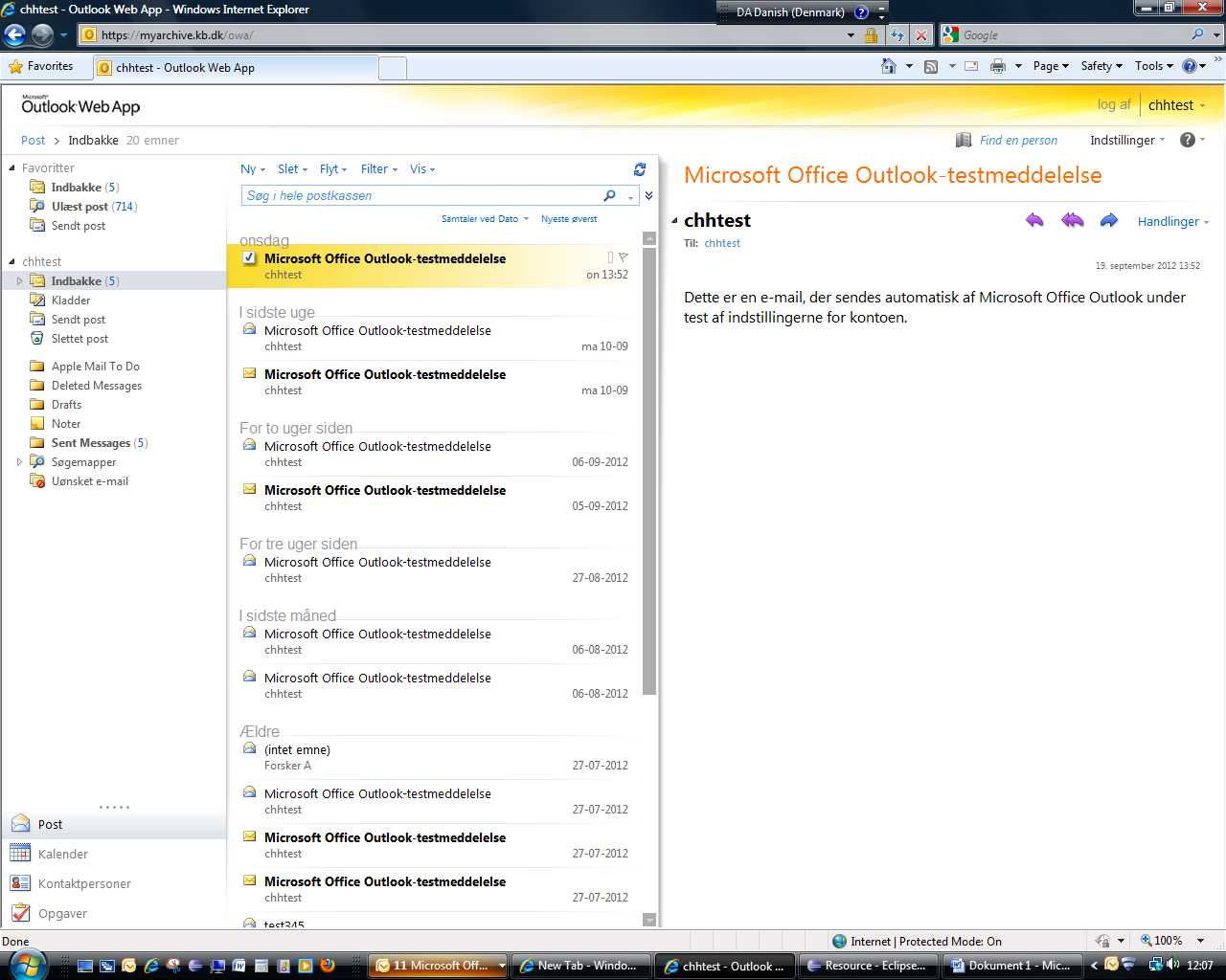 Denne Outlook Web App giver de samme muligheder for at arbejde med deponerede e-mails som hvis man benyttede sin egen e-mail klient.