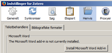 - Zotero skal lægge sig som et tilføjelsesprogram i Word. Se under filer=> indstillinger=> tilføjelsesprogrammer om det ligger der, hvis ikke prøv at installere igen.