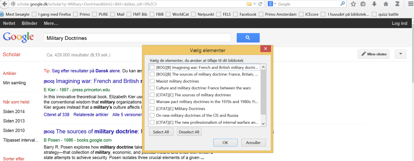 Eksempel: Google Scholar Du kan enten downloade et søgeresultat fx en bog - illustreret ved dette ikon eller flere søgeresultater Du klikker på ikonet i URLen/adressefeltet