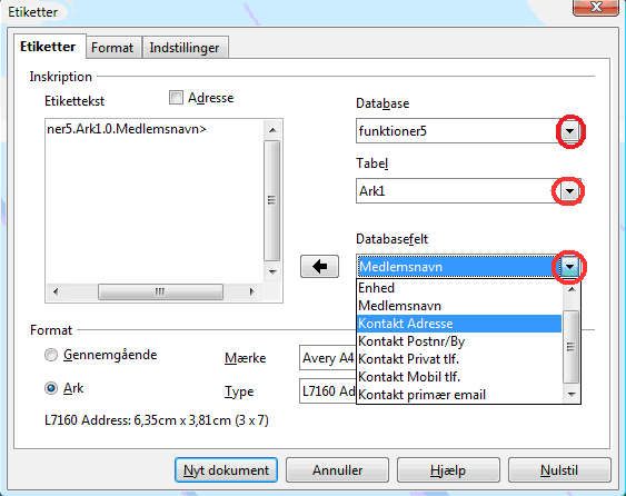 Vælg dokumenttype Åbn et nyt dokument og vælg Etiketter. Hvis der står en gammel tekst i Etikettekst-feltet, kan du slette den som normalt med mus og Delete-tast.
