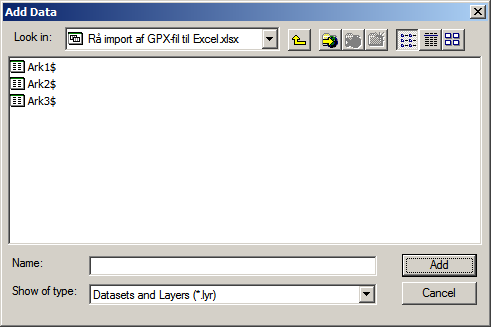 I ArcMap startes en session med at tilføje et lag fra Excelfilen: Tryk på +-knappen og naviger til datamappen og vælg