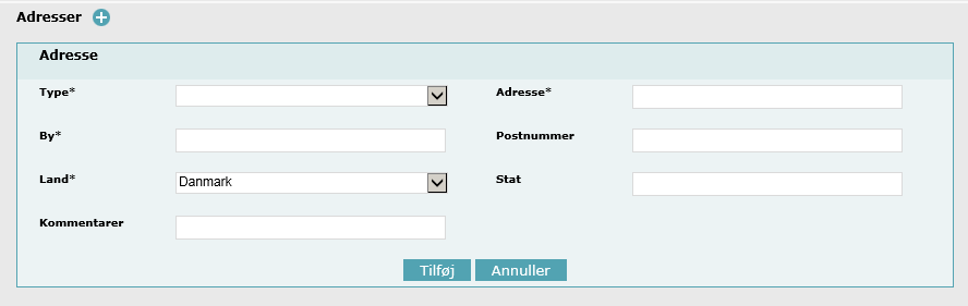 Sådan kommer du i gang Du kan tilføje et utal af adresser, der er tilknyttet til dig (ny underretter), ved at klikke på knappen Tilføj. Adressefortegnelserne vil blive vist i en tabel.