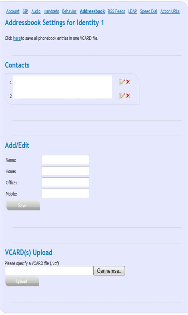 3) Gå ind under Account settings på SNOM web interface og vælg Addressbook 4) Vælg gennemse og upload kontakt.