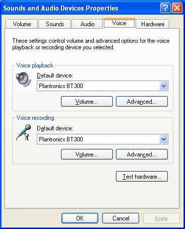 Konfiguration af pc-lyd for Windows XP (sådan finder du dette skærmbillede: Start > Kontrolpanel> Lyd og lydenheder) Standardindstilling: Alle pc-lyde og lyd afspilles i headsettet.