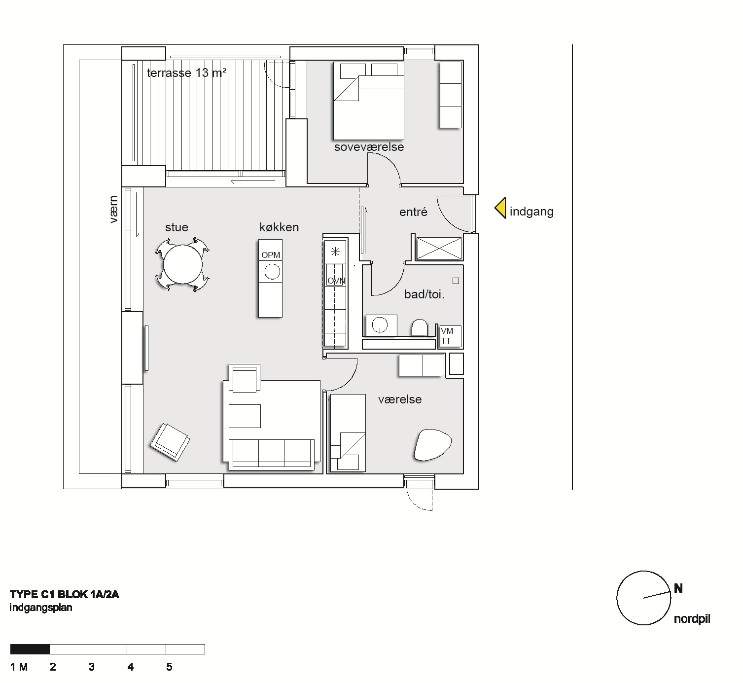 Type C Blok 1 og 2 105,3 (Brutto) /4 Stue/køkken Soveværelse Værelser 36,4 m2 (Netto) 13,2 m2 (Netto) 13 / 10,5 m2 (Netto) Adresse Skrænten 161 (Blok1), 147 (Blok 2) Terrasse/altan Tagterrasse 32 m2