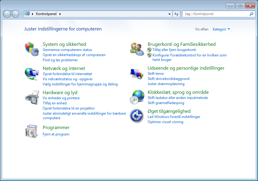 Windows 7 - Kontrolpanel Vha. systemstyringen kan du ændre indstillingerne til Windows.