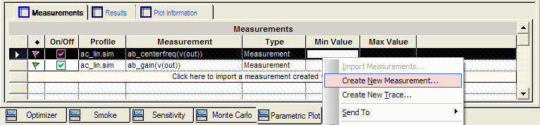 Parametric Plot - Measurements Create new
