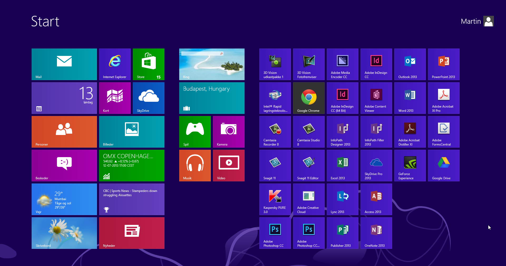 Klik her for at gå til side 1 Kom i gang med Windows 8-brugerfladen Når du starter en computer, hvor der er installeret Windows 8, så vises Start-skærmen i Windows 8-brugerfladen, som består af