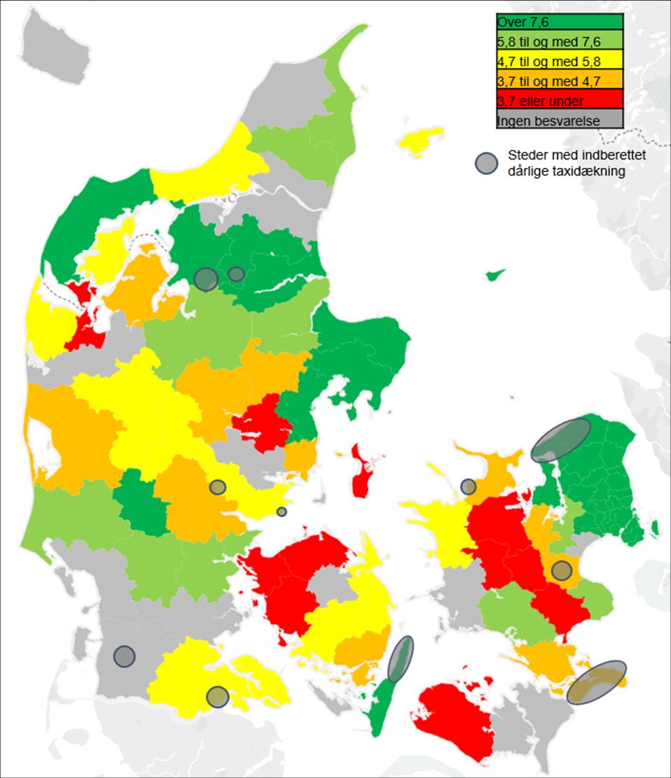 Graden af taxibetjening i Danmark Taxibetjeningen i yderområder er i fokus i nogle kommuner Figur 3: Kort over taxibetjeningen i Danmark Antal tilladelser per 10.