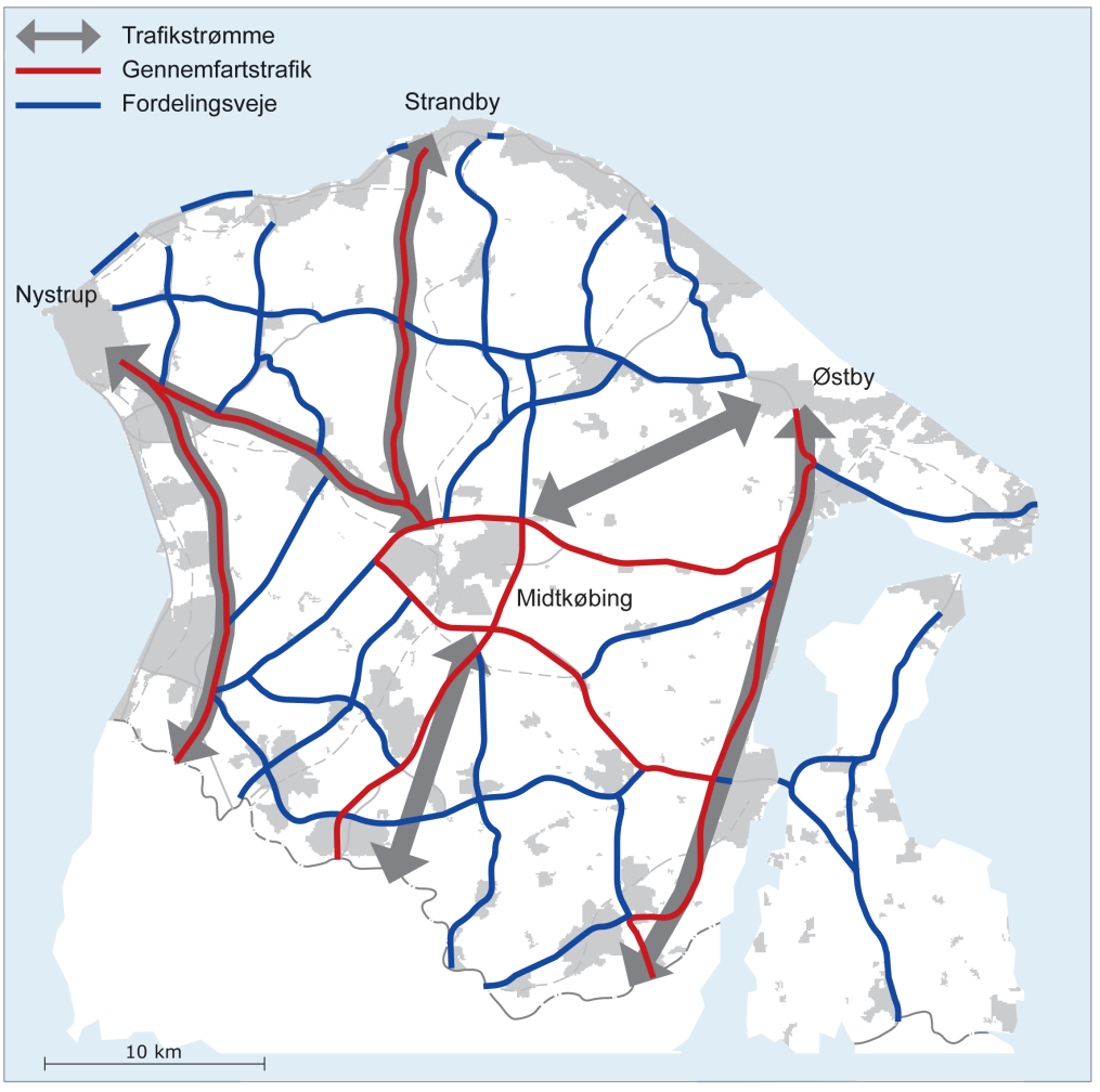 Eksempel 1 - Det fremtidige biltrafikvejnet Midtkøbing, Nystrup, Strandby og Østby kommuner har i fællesskab udarbejdet en vejplan for det åbne land.
