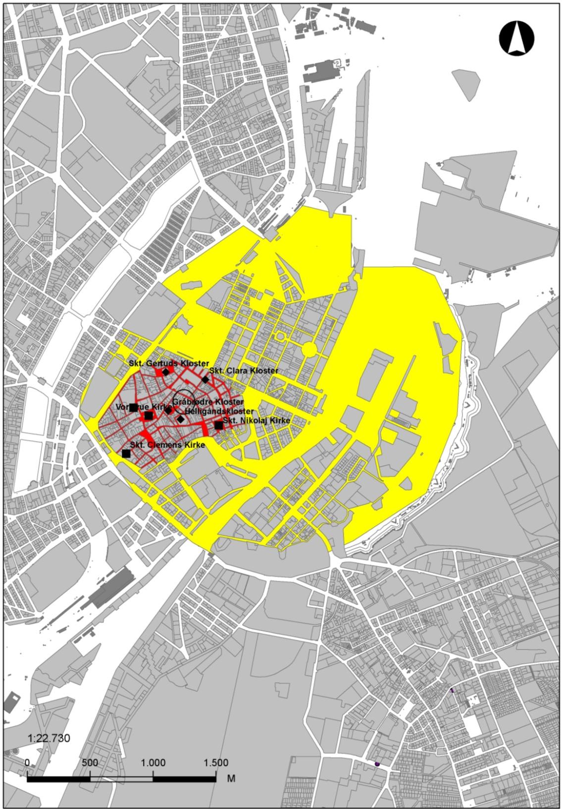 Figur 1 Oversigt over middelalderbyen (angivet med rødt) Renæssanceudvidelsen (gult) Udgravning er situeret i