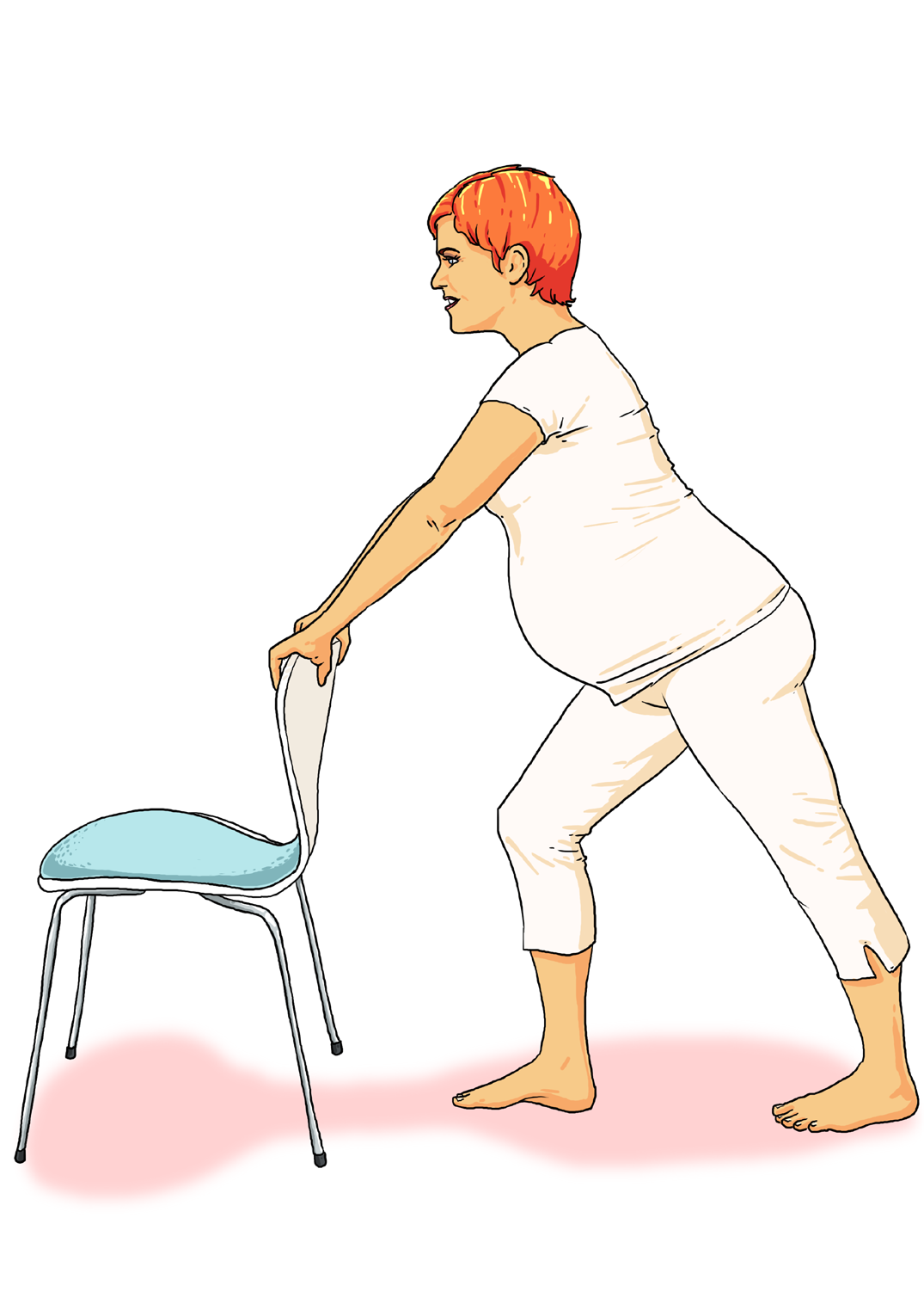 1. Læggen: Stil dig bagved en stol Stil dig i gangstående stilling (det ene ben foran det andet med afstand imellem) sæt hele foden i gulvet på det bageste ben og læn fremover.