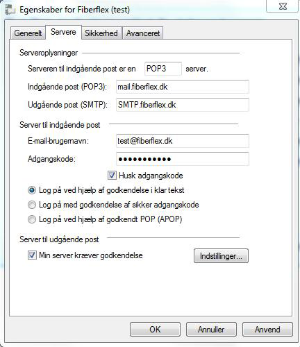 Udfyld server adresse for indgående post (mail.fiberflex.