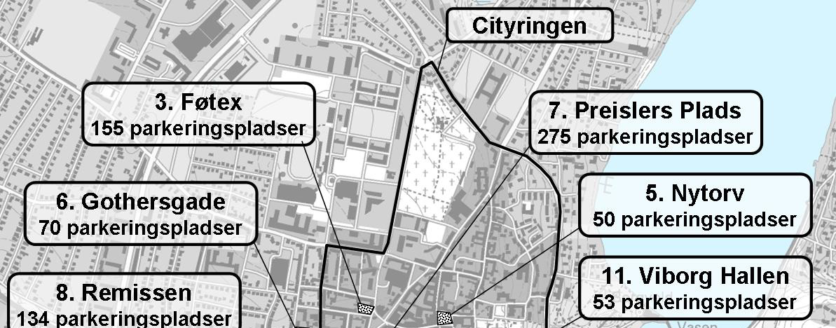 Vej & Trafik gruppe 10-05 inden for cityringen. Fischers Plads er det største parkeringsanlæg inden for cityringen i Viborg Midtby og er i to plan (Figur 46 og Figur 47).