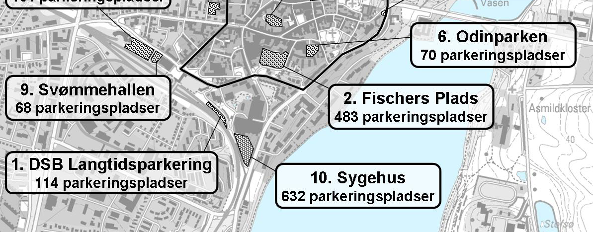 11 udvalgte parkeringsanlæg nær Viborg Midtby, der har en kapacitet over 50 pladser. 1. DSB Langtidsparkering DSB Langtidsparkering er lokaliseret syd for cityringen (Figur 45).