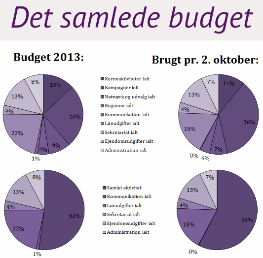 265 Budget 2013: 266 267 268 269 270 271 OBS: Samlede midler i budgettet for 2013 (100 %) udgør 2.158.500 kr.. Samlet aktivitet udgør 52 %, hvilket er 1.125.500 kr.. De samlede faste udgifter udgør (jf.