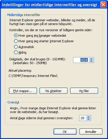 Side 14 af 14 Et nyt vindue kommer frem og her kan størrelsen af diskplads på computeren, som må anvendes af Internet Explorer ændres.