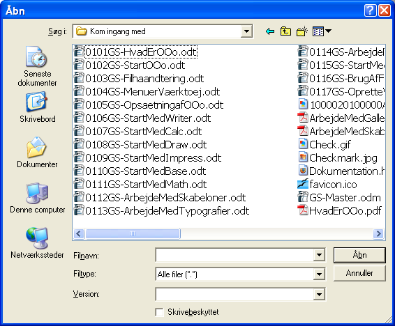 Åbne filer Åbne filer For at åbne et eksisterende dokument skal du vælge Filer > Åbn... eller klikke på ikonet Åbn på standardlinjen. Du kan også benytte tastaturet CTRL + o.