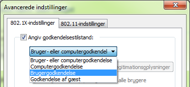 8. Fjern hak i Valider servercertifikat klik efterfølgende på Konfigurer 9. Fjern hak ved Brug windows-logonnavnet 10. Klik OK: 11. Klik på Avancerede indstillinger nederst i vindue 12.