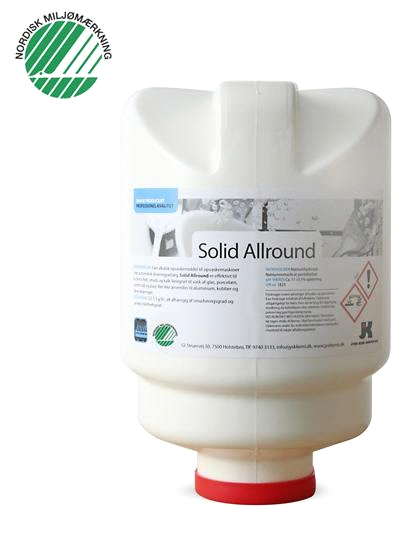 Solid Allround er effektivt til at at fjerne fedt, smuds og kalk. Velegnet til vask af glas, porcelæn, rustfrit stål og plast. Bør ikke anvendes til aluminium, kobber og deres legeringer. 2x5 kg/kt.