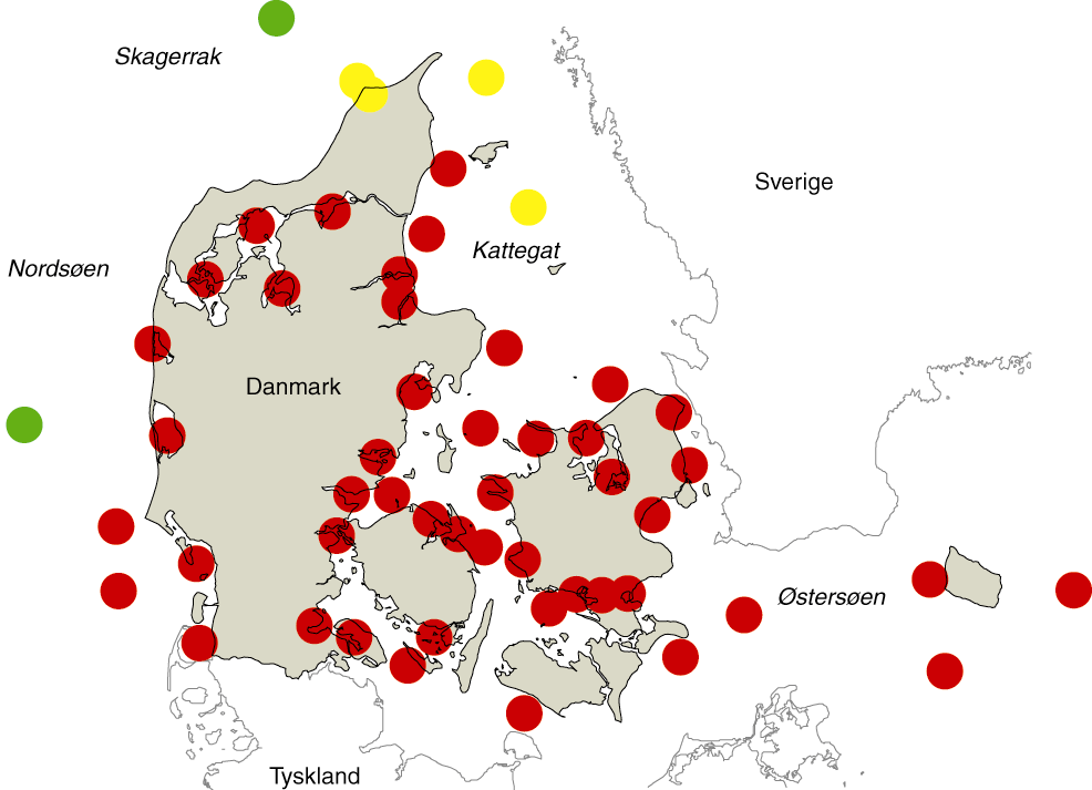 21 Målsætningsopfyldelse Det kan konstateres, at kun et fåtal af de danske farvande i 2003 opfyldte de fastsatte målsætninger, jf. figur 21.1. Målsætningerne anses generelt for opfyldt i de åbne dele af Nordsøen og Skagerrak.