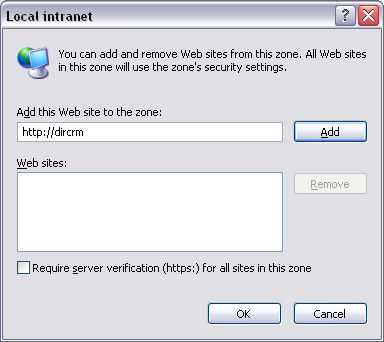 Side 3 af 5 2.3 Internet Explorer opsætning Adressen på CRM serveren skal tilføjes til listen over Intranet Sites i Internet Explorer. Dette gøres via Tools Internet Options Security.