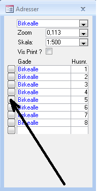 Opstart og print 2-4 Der klikkes på det ønskede vejnavn. - Så viser programmet alle husnumrene på det valgte vejnavn.