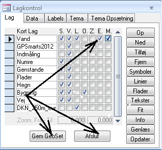 Konstruktion 3-2 Og angive editerbart (det lag du vil tegne i) i lagkontrollen: Ved klik på Gem GeoSet gemmes opsætningen i lagkontrollen. Programmet vil ikke senere spørge om det editerbare lag.