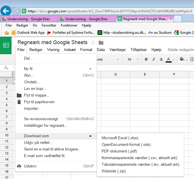 Hvis dokumentet er åbnet i Google Drev, kan det downloades via menupunktet Filer og underpunktet Download Download menuen indeholder nogle forskellige format muligheder: Vælg Microsoft Excel (.