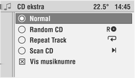 30 Cd-afspiller Direkte musiknummervalg I CD menuen: Vælg Track-menupunktet. Der åbnes en liste over de musiknumre, der er på cd'en. Vælg det ønskede musiknummer fra listen.